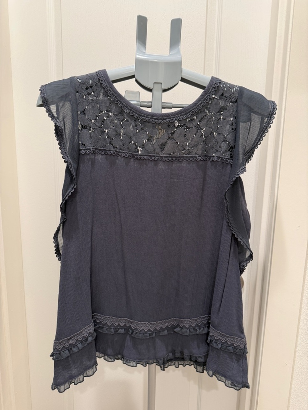 Women’s Grey Lace Yoke Flutter Sleeve Top